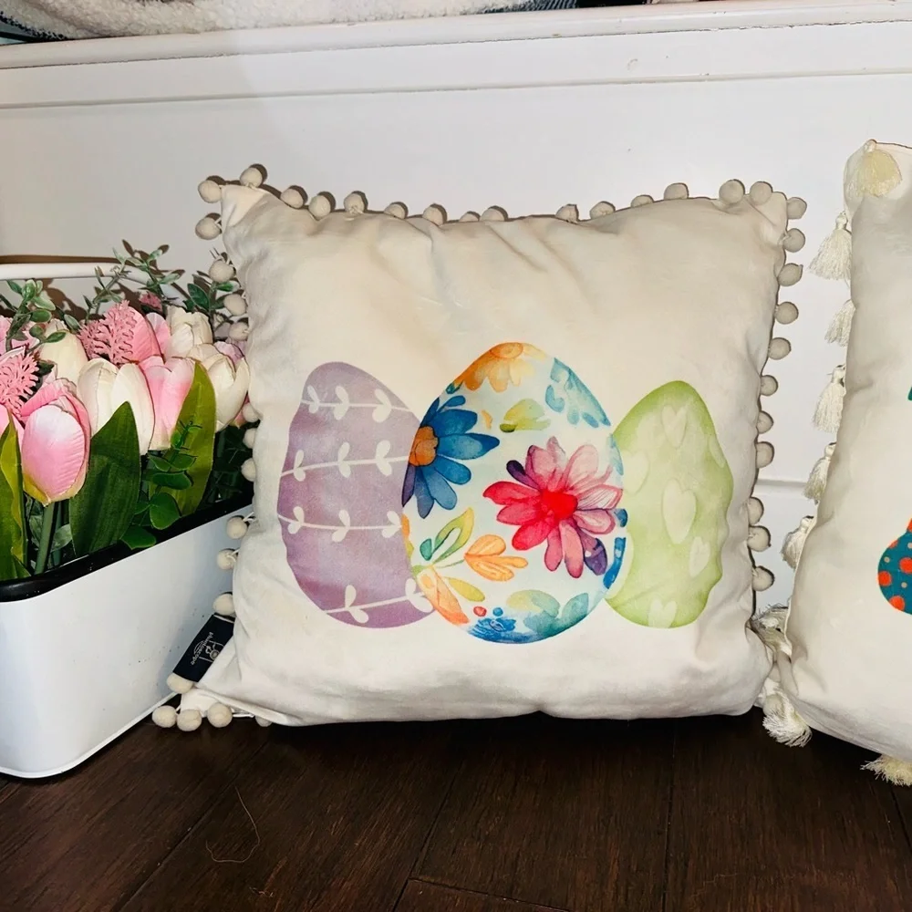 Easter Pillows Covers(only)from ThePillowPaddock 18x18 Pom Pom & fringed velour.